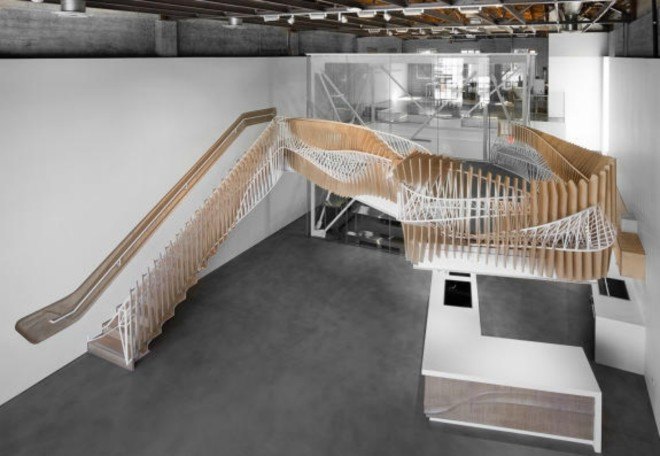 Oyler Wu Collaborative, 3DS Culinary Lab, twisty staircase, 3d printing, CNC- milled sheets, 3d printed food, staircase design, innovative staircases, 3d printed design, green design, steel staircases, wooden staircases,
