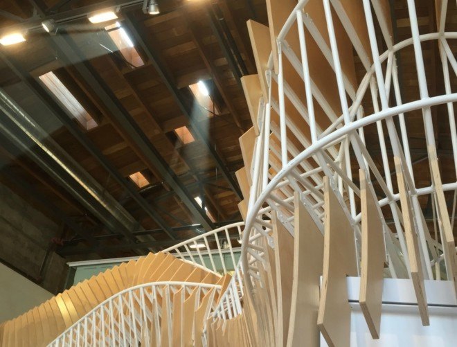 Oyler Wu Collaborative, 3DS Culinary Lab, twisty staircase, 3d printing, CNC- milled sheets, 3d printed food, staircase design, innovative staircases, 3d printed design, green design, steel staircases, wooden staircases,