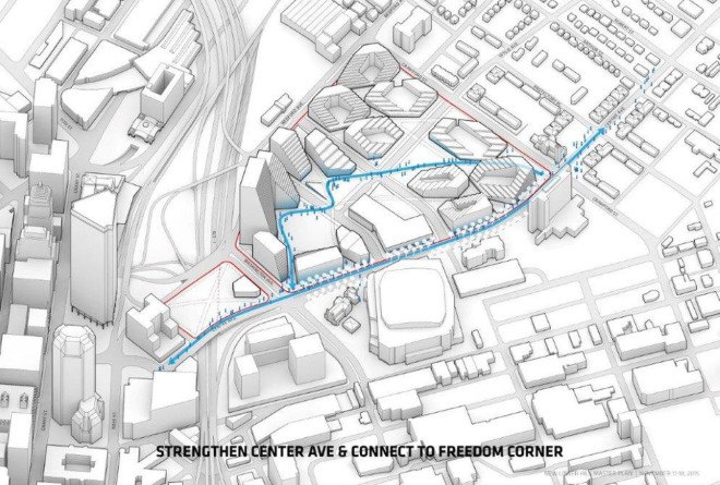 BIG, West 8, Atelier Ten, Pittsburgh master plan, Lower Hill District, Pittsburgh, green master plan, green transporatation, green network, sustainable design, rainwater collection, green roof