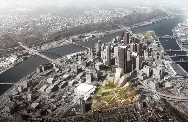BIG, West 8, Atelier Ten, Pittsburgh master plan, Lower Hill District, Pittsburgh, green master plan, green transporatation, green network, sustainable design, rainwater collection, green roof