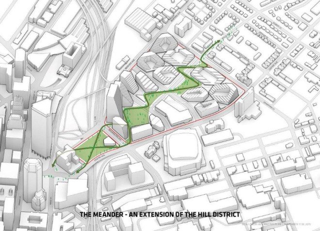 BIG, West 8, Atelier Ten, Pittsburgh master plan, Lower Hill District, Pittsburgh, green master plan, green transporatation, green network, sustainable design, rainwater collection, green roof