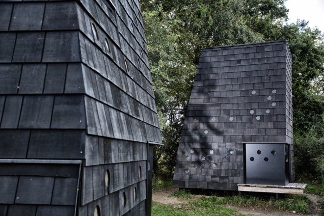 LUMO Architects, Shelters by the Sea by LUMO Architects, timber cabins. cabins, Blue Landmarks, South Fyn Archipelago, Fyn, wood tar oil, Denmark, Denmark islands,