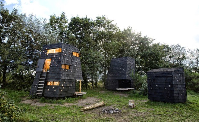 LUMO Architects, Shelters by the Sea by LUMO Architects, timber cabins. cabins, Blue Landmarks, South Fyn Archipelago, Fyn, wood tar oil, Denmark, Denmark islands,