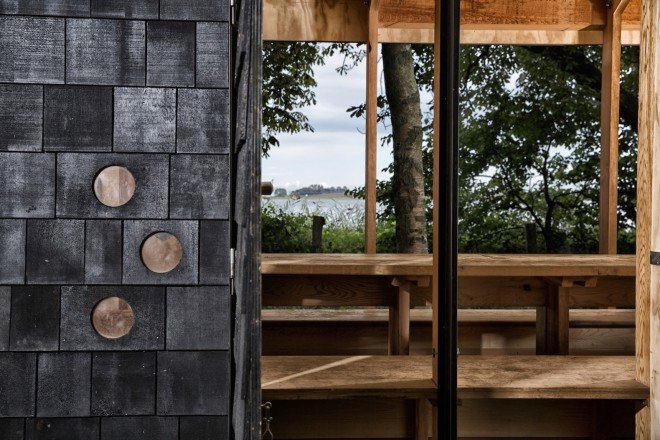 LUMO Architects, Shelters by the Sea by LUMO Architects, timber cabins. cabins, Blue Landmarks, South Fyn Archipelago, Fyn, wood tar oil, Denmark, Denmark islands,