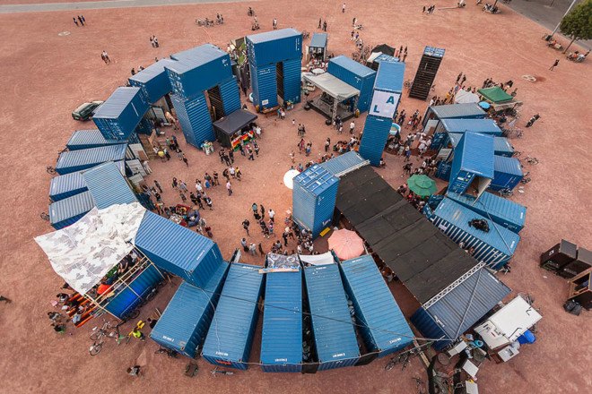 BUREAU A, Steelhenge, Stonehenge, temporary architecture, shipping containers, reused materials, Geneva, Switzerland, green architecture, exhibition spaces