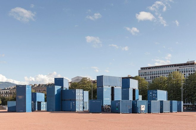 BUREAU A, Steelhenge, Stonehenge, temporary architecture, shipping containers, reused materials, Geneva, Switzerland, green architecture, exhibition spaces