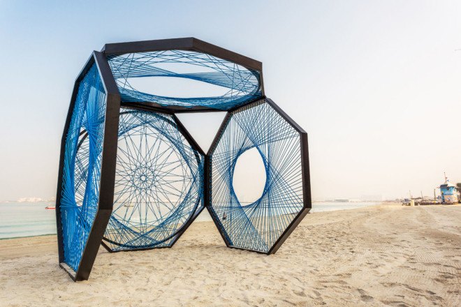 Aljoud Lootah, Dubai Design Week, Dubai, Yaroof, fishing nets, nylon rope, art installation, temporary shelter, vernacular design, arabesque pattern