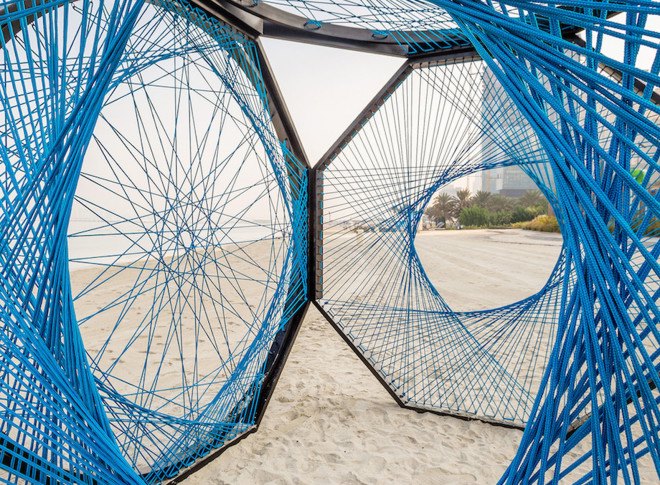 Aljoud Lootah, Dubai Design Week, Dubai, Yaroof, fishing nets, nylon rope, art installation, temporary shelter, vernacular design, arabesque pattern