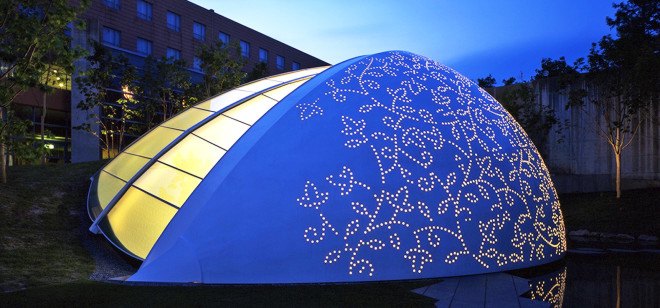 Leaf Chapel, Leaf Chapel by Klein Dytham Architecture, Klein Dytham Architecture, perforations, perforated steel, leaf-inspired architecture, leaf shaped architecture, blackened timber, wedding chapel, chapel, Japanese wedding chapel, black granite, Risonare Resort, Kobuchizawa