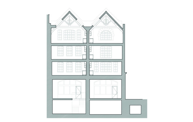warehouse renovation, London, green renovation, skylights, Emrys Architects, slanted roofs, natural light, brickwork, brick building, historical building, listed building