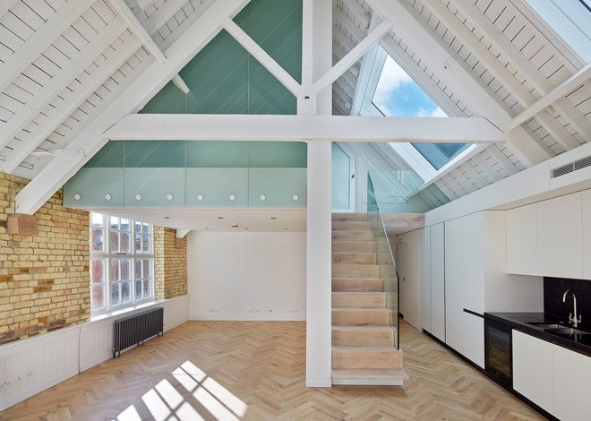 warehouse renovation, London, green renovation, skylights, Emrys Architects, slanted roofs, natural light, brickwork, brick building, historical building, listed building