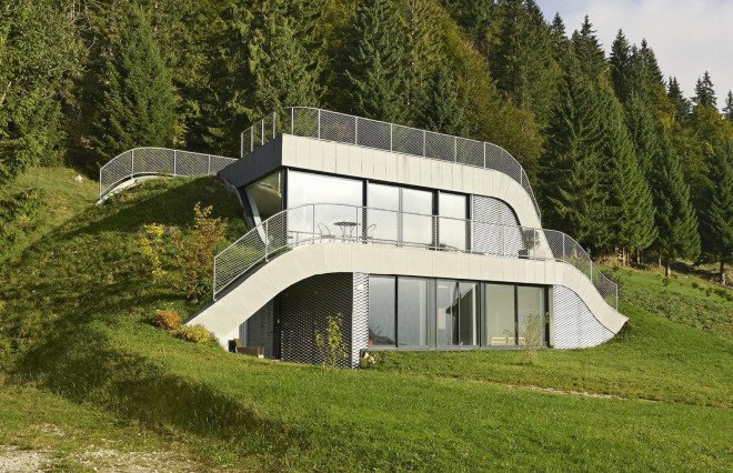green roof, Casa Jura, Casa Jura by JDS Architects, JDS Architects, green roofed home, green roofed retreat, holiday home, holiday retreat, open plan layout, open plan, full height glazing, house built into a slope, walk on green roof, Jura mountains