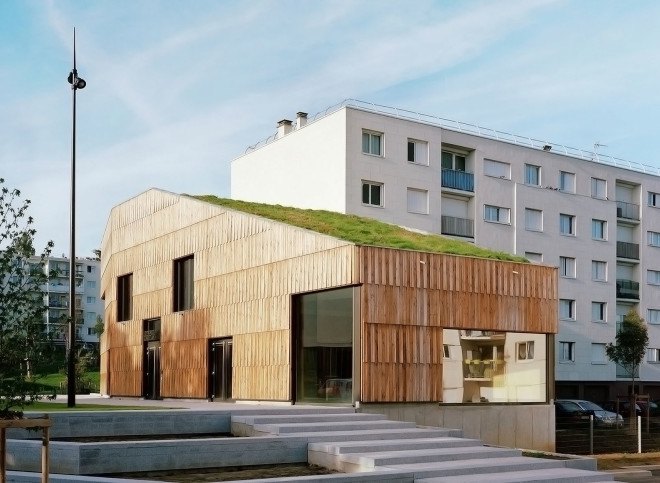 green roof, Paris, France, Guillaume Ramillien Architecture, Christian Marin Community Center, community center, wooden building, wood cladding, passivhaus, passive house, green architecture