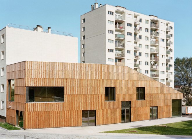 green roof, Paris, France, Guillaume Ramillien Architecture, Christian Marin Community Center, community center, wooden building, wood cladding, passivhaus, passive house, green architecture