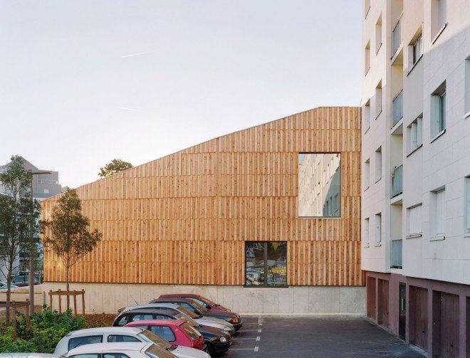 green roof, Paris, France, Guillaume Ramillien Architecture, Christian Marin Community Center, community center, wooden building, wood cladding, passivhaus, passive house, green architecture