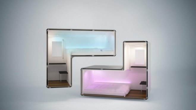 CityHub, Amsterdam, gren hotel, interactive design, interactive objects, mood lighting, app, sleeping pods, modular design, digital design, digital interior