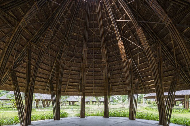 Vo Trong Nghia Architects, Diamond Island project, Vietnam, bamboo, bamboo architecture, skylights, natural materials, sustainable building materials, sustainable wood, wooden pavilions, domes, geodesic domes, prefab, prefab architecture, natural lighting