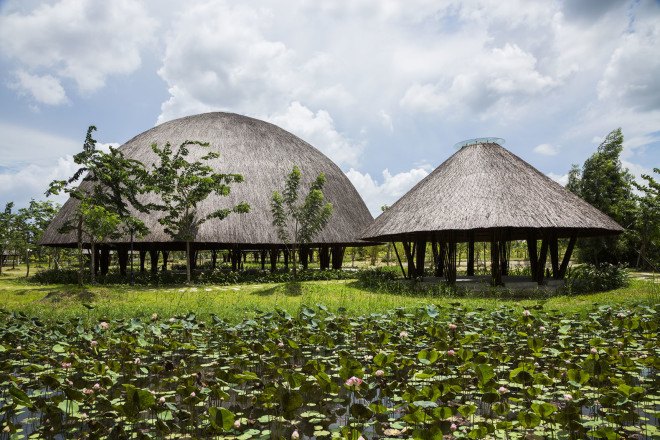 Vo Trong Nghia Architects, Diamond Island project, Vietnam, bamboo, bamboo architecture, skylights, natural materials, sustainable building materials, sustainable wood, wooden pavilions, domes, geodesic domes, prefab, prefab architecture, natural lighting