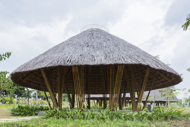 Vo Trong Nghia Architects, Diamond Island project, Vietnam, bamboo, bamboo architecture, skylights, natural materials, sustainable building materials, sustainable wood, wooden pavilions, domes, geodesic domes, prefab, prefab architecture, natural lighting