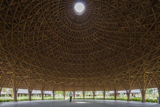 Vo Trong Nghia Architects, Diamond Island project, Vietnam, bamboo, bamboo architecture, skylights, natural materials, sustainable building materials, sustainable wood, wooden pavilions, domes, geodesic domes, prefab, prefab architecture, natural lighting