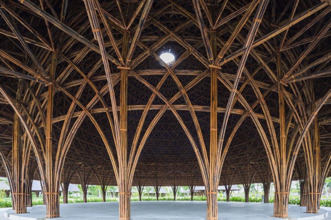 Vo Trong Nghia Architects, Diamond Island project, Vietnam, bamboo, bamboo architecture, skylights, natural materials, sustainable building materials, sustainable wood, wooden pavilions, domes, geodesic domes, prefab, prefab architecture, natural lighting