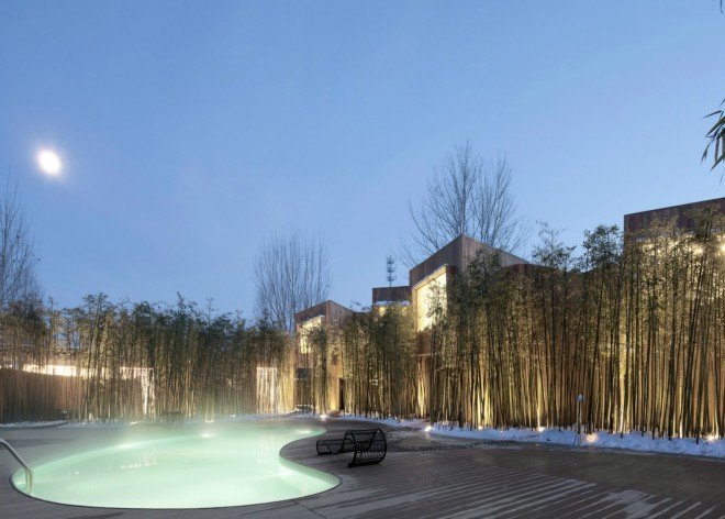 Elevation Workshop, Why Hotel, Bejing hotel hot springs, architecture, hotel architecture, timber-clad lodgings. timber hotels, bamboo fencing, green design, sustainable design, hotels in china, hotel design, bamboo grove, timber cabins, wood cabins, cabin design