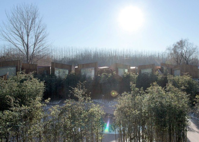 Elevation Workshop, Why Hotel, Bejing hotel hot springs, architecture, hotel architecture, timber-clad lodgings. timber hotels, bamboo fencing, green design, sustainable design, hotels in china, hotel design, bamboo grove, timber cabins, wood cabins, cabin design