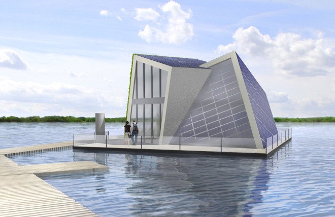 FreiLichtHaus, Fraunhofer, floating houses, floating architecture, self-sufficient homes, solar cells, solar panels, green fireplace, green roof, salt hydrate fireplace, zeolith thermal storage , energy storage