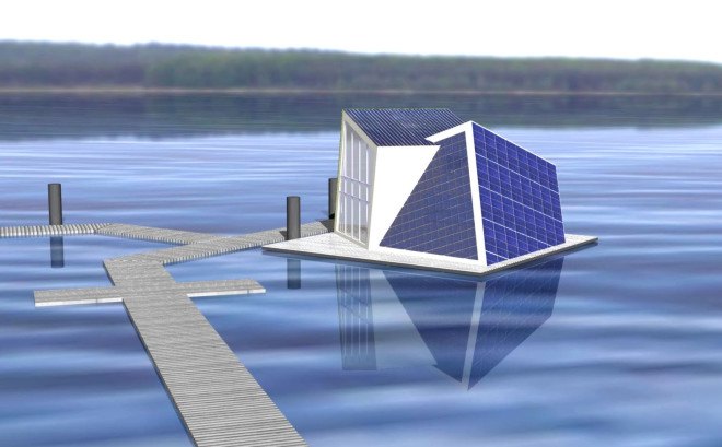 FreiLichtHaus, Fraunhofer, floating houses, floating architecture, self-sufficient homes, solar cells, solar panels, green fireplace, green roof, salt hydrate fireplace, zeolith thermal storage , energy storage