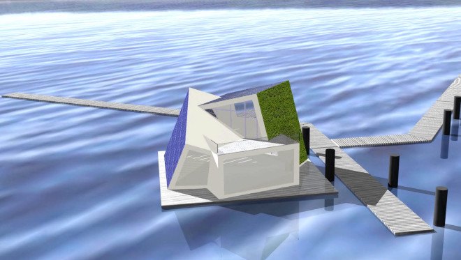 FreiLichtHaus, Fraunhofer, floating houses, floating architecture, self-sufficient homes, solar cells, solar panels, green fireplace, green roof, salt hydrate fireplace, zeolith thermal storage , energy storage