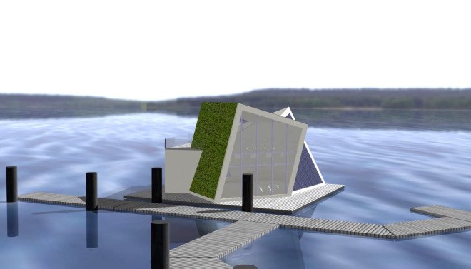 FreiLichtHaus, Fraunhofer, floating houses, floating architecture, self-sufficient homes, solar cells, solar panels, green fireplace, green roof, salt hydrate fireplace, zeolith thermal storage , energy storage