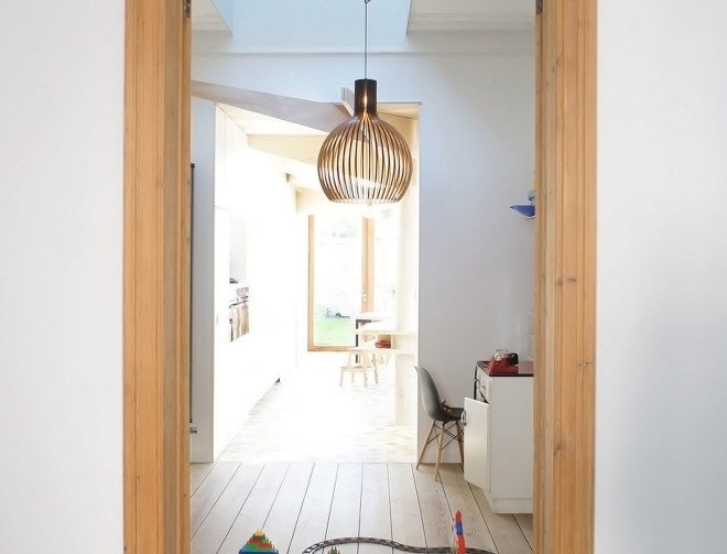 House in Ghent, extension, Atelier Vens Vanbelle, timber construction, ceiling patterns, hexagonal tiles, skylights, glass walls, natural light, atrium, green interior