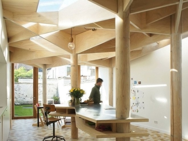 House in Ghent, extension, Atelier Vens Vanbelle, timber construction, ceiling patterns, hexagonal tiles, skylights, glass walls, natural light, atrium, green interior
