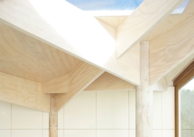House in Ghent, extension, Atelier Vens Vanbelle, timber construction, ceiling patterns, hexagonal tiles, skylights, glass walls, natural light, atrium, green interior