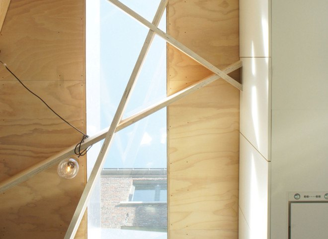 House in Ghent, extension, Atelier Vens Vanbelle, timber construction, ceiling patterns, hexagonal tiles, skylights, glass walls, natural light, atrium, green interior