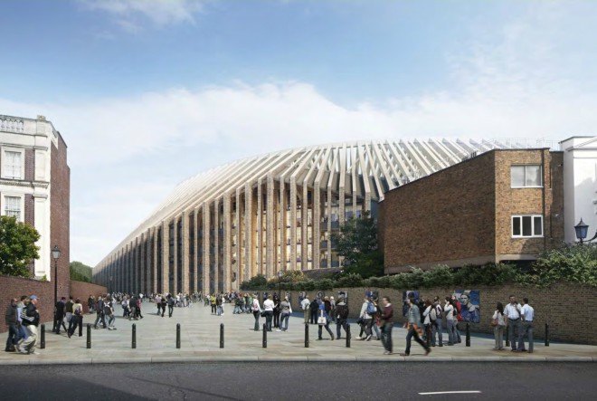 Herzog & de Meuron, Chelsea stadium, stadium design, Chelsea FC's London stadium, london stadium designs, stadium architecture, Lifschutz Davidson Sandilands, Hammersmith & Fulham, uk stadiums, brick stadiums,