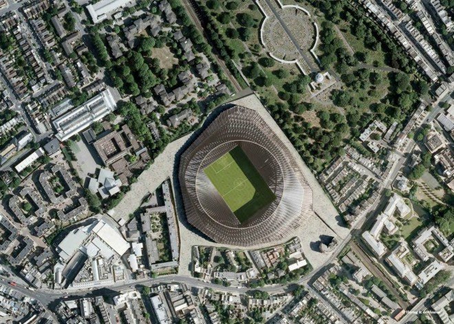 Herzog & de Meuron, Chelsea stadium, stadium design, Chelsea FC's London stadium, london stadium designs, stadium architecture, Lifschutz Davidson Sandilands, Hammersmith & Fulham, uk stadiums, brick stadiums,