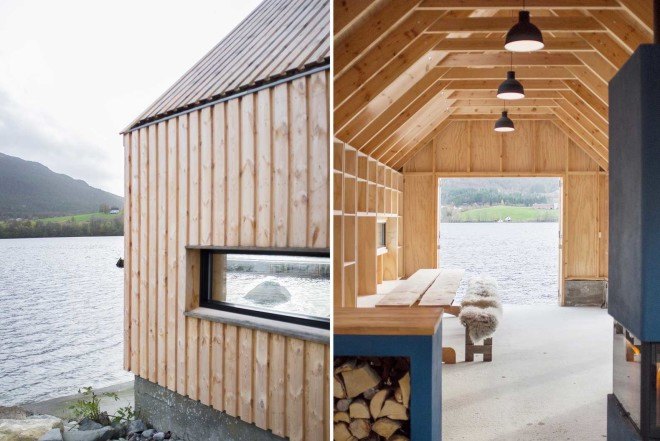 Koreo Arkitekter and Kolab Arkitekter, Norwegian boathouse, Naust V, heartwood pine, polycarbonate skin, vertical wooden louvers, Norwegian wood, Vikebygd, Oslo, restored boathouse