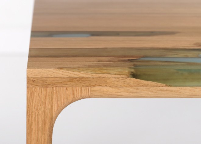 manufract, marcel dunger, florian meier, self healing furniture, bio resin, resin furniture, salvaged wood, salvaged furniture, recycled materials, found materials, wooden furniture