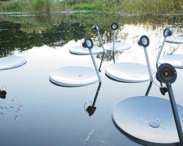 Marco Barotti, recycled satellite dishes, swans, floatng installation, swan lake, musical art installation,