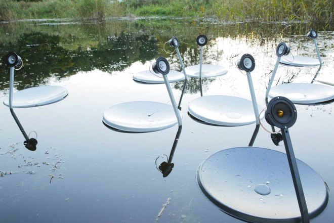Marco Barotti, recycled satellite dishes, swans, floatng installation, swan lake, musical art installation,