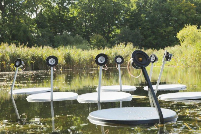 Marco Barotti, recycled satellite dishes, swans, floatng installation, swan lake, musical art installation,