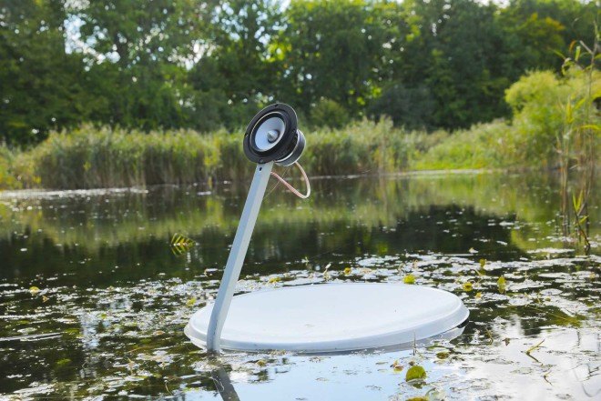 Marco Barotti, recycled satellite dishes, swans, floatng installation, swan lake, musical art installation,