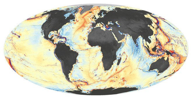 ocean floor, ocean floor map, ocean map, underwater map, nasa ocean floor map, nasa satellite, geodesy, gravity map, gravitational pull, gravity and ocean floor, seamounts, david sandwell, walter smith