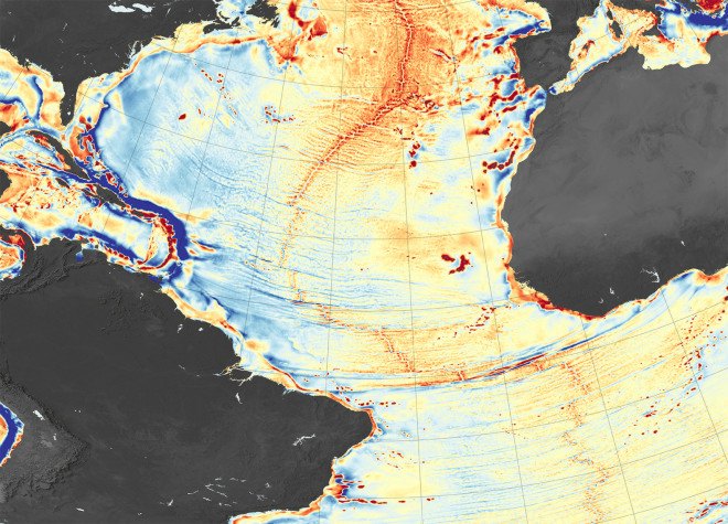 ocean floor, ocean floor map, ocean map, underwater map, nasa ocean floor map, nasa satellite, geodesy, gravity map, gravitational pull, gravity and ocean floor, seamounts, david sandwell, walter smith