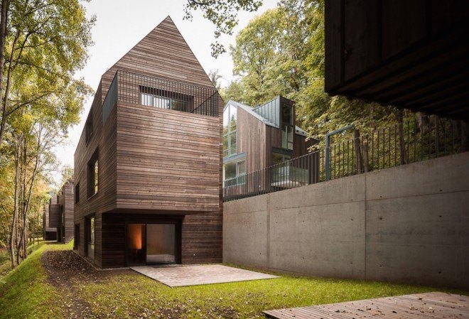 Paleko Arch Studija, Plazma Architekturos Studija, Rasu Namai by Paleko Arch Studija and Plazma Architekturos Studija, Rasu Namai, timber clad housing, ammunition vault, Vilnius, housing development