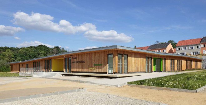 Les Bartelottes school complex, Paris, France, NOMADE architectes, green school, green roof, courtyard, solar energy, solar panels, natural light, rainwater harvesting, rainwater purification