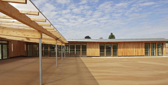 Les Bartelottes school complex, Paris, France, NOMADE architectes, green school, green roof, courtyard, solar energy, solar panels, natural light, rainwater harvesting, rainwater purification