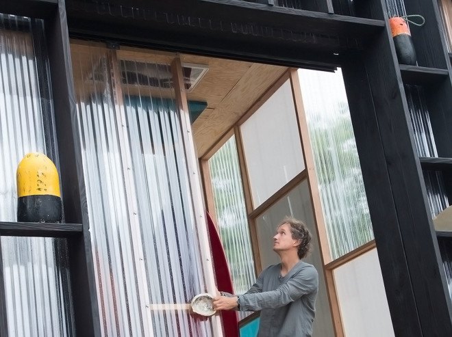 Yves Béhar, Surf Shack, temporary installation, green design, wooden hut, sliding doors, Miami, Design Miami, handmade surfboardsv