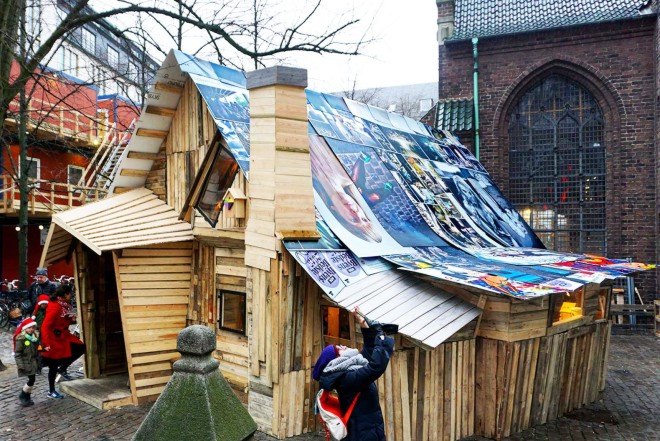 Thomas Dambo, recycled pallets shelter, Remake Christmas, Nikolaj Square, DIY Christmas, recycled materials, Copenhagen